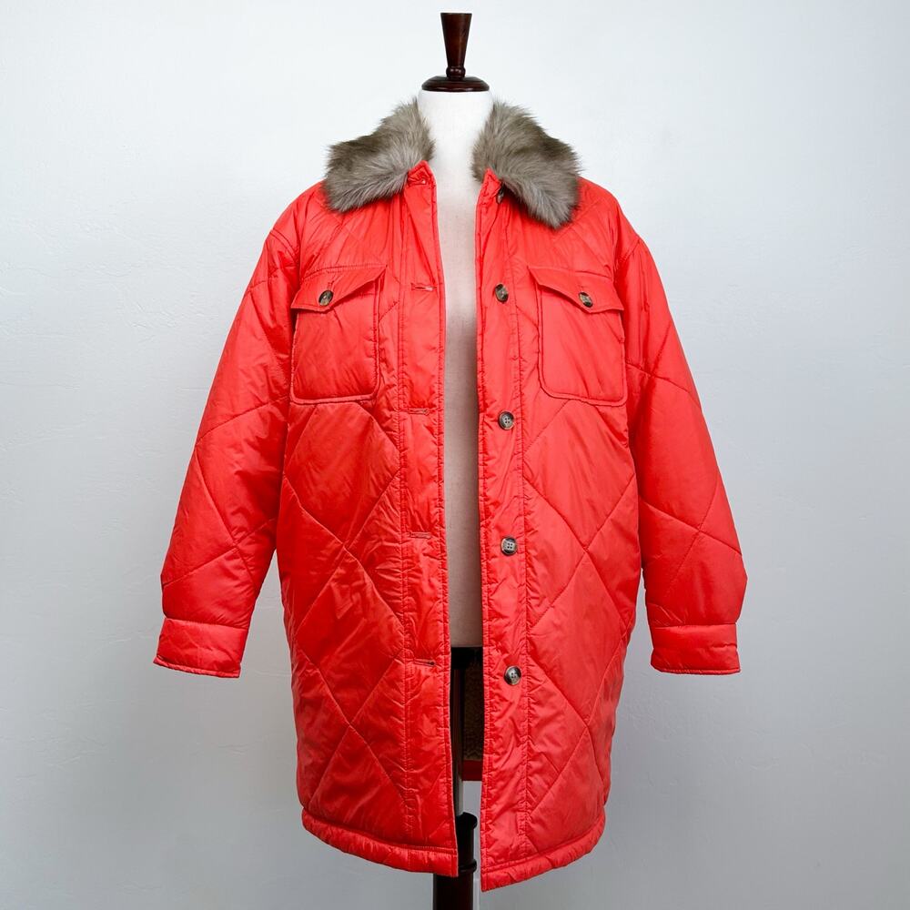 Aerie Bright Orange Faux Fur Collar Nylon Quilted Puffer Fleece Winter Coat XXS
